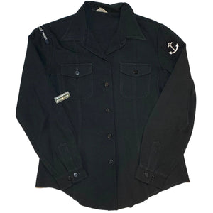 U.S. Navy Cold War Blue Polyester Woman's Long Sleeve Dress Shirt with a Grandpops ArmY Navy logo.