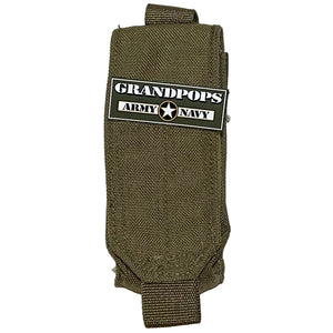 U.S. Marine Corps Coyote Brown MOLLE Single 40mm Grenade Pouch with a Grnadpops Army Navy logo.