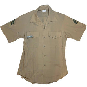 U.S. Marine Corps Khaki Shade 2122 MC Poly/Wool Man's Short Sleeve Tropical Dress Shirt with a Grandpops Army Navy logo.