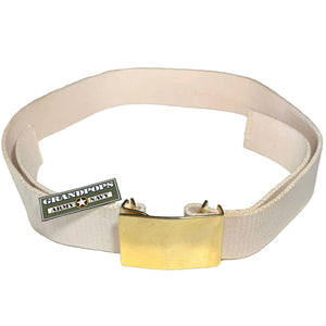 U.S. Marine Corps Junior Enlisted Marine's White Web Coat Belt W/ Plain Waistplate & Hardware with a Grandpops Army Navy logo.