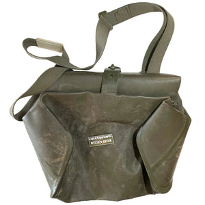German Military Green Rubber Gas Mask Bag with a Grandpops Army Navy logo.