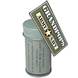 U.S. Military Cold War Era Gas Mask Anti-Dim Cloth In Container with a Grandpops Army Navy logo.