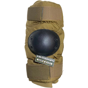 U.S. Military Coyote Brown Protective Elbow Pads with a Grandpops Army Navy logo.