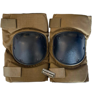 U.S. Military Coyote Brown Protective Knee Pads With a Grandpops Army Navy logo.