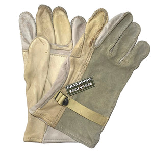 U.S. Military Cold War-Era M1950 Heavy-Duty Cattlehide Gloves with a Grandpops Army Navy logo.