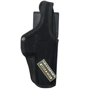 Black Bianchi Size 15 Right-Handed Pistol Duty Holster W/ Retention Latch W/ Retention Latch with a Grandpops Army Navy logo.