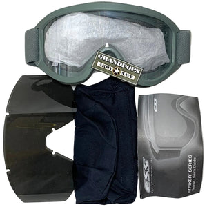 U.S. Military ESS ACU Foliage Green Striker Land Ops Goggles W/ UCP Digital Camo SpeedSleeve with a Grandpops Army Navy logo.
