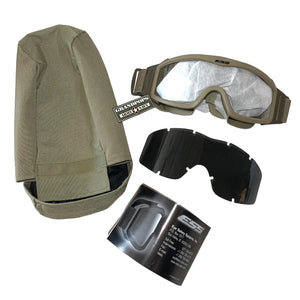 NEW Condition U.S. Military ESS Desert Tan Profile NVG Goggles W/ SpeedSleeve with a Desert Tan Carry Bag with a Grandpops Army Navy logo.
