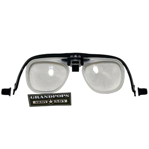 U.S. Military Avon Protection Gas Mask Vision Correction Assembly Prescription Glasses Insert with Prescription Lenses, (2) Additional Pieces, and a Grandpops Army Navy logo.