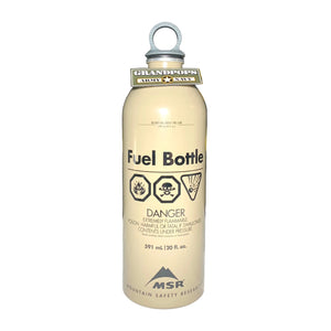 U.S. Military MSR Tan 22 Oz. / 650mL Liquid-Fuel Bottle with a Grandpops Army Navy logo.
