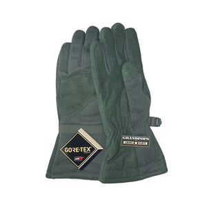 NEW CONDITION U.S. Military Foliage Green GORE-TEX FR Cold Weather FG-75N-L Flyers Gloves with a Grandpops Army Navy logo.