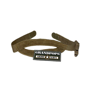 U.S.M.C. Coyote Brown LWH Kevlar Helmet Replacement Chinstrap with a Grandpops Army Navy logo.
