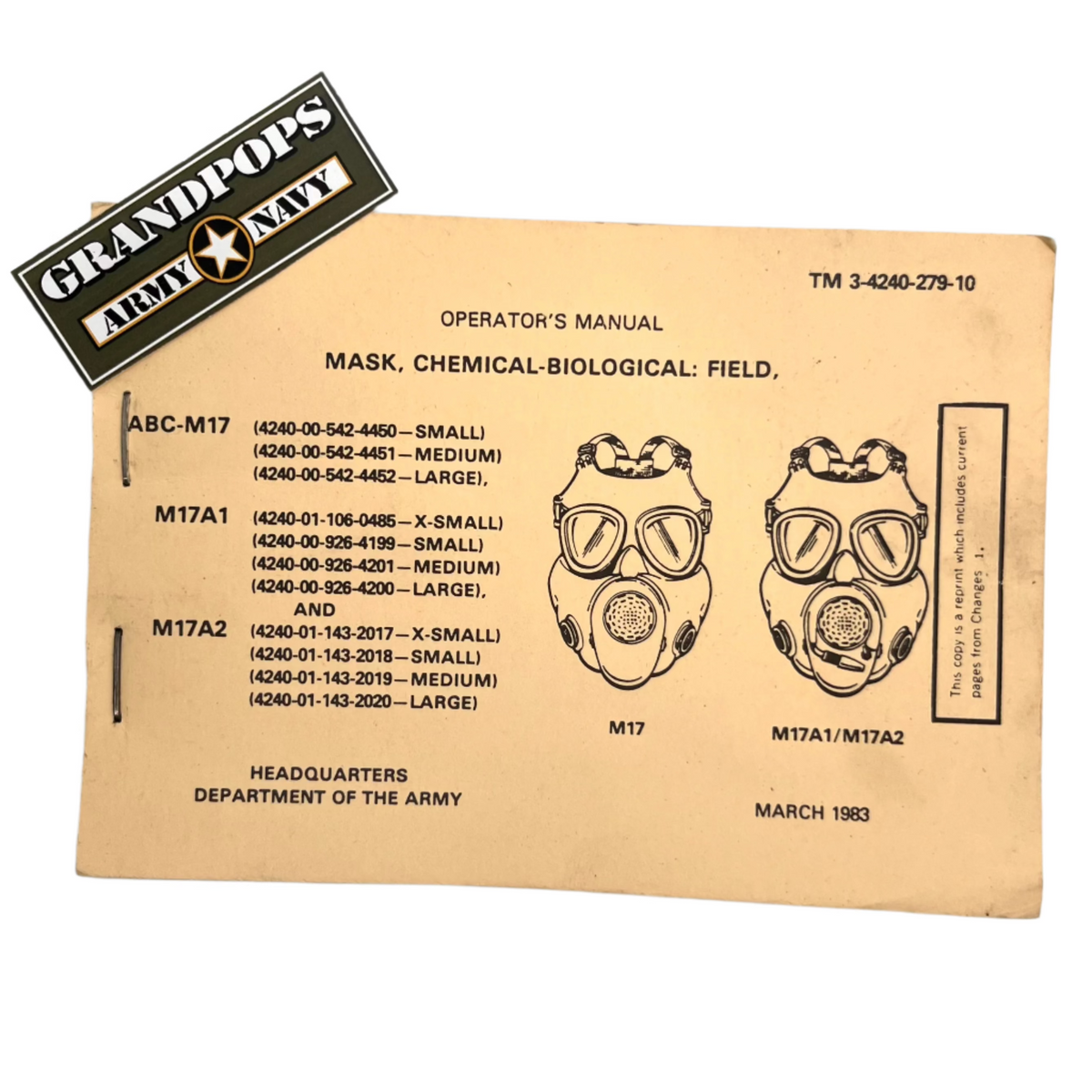 U.S. Military M17 Gas Mask Field Manual Booklet TM 3-4240-279-10