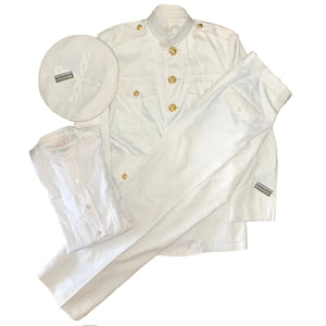 USMC Vietnam War-Era Officer Dress Whites Uniform Set with a Grandpops Army Navy logo.