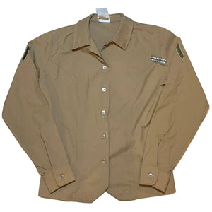 U.S. Marine Corps Khaki Shade M-1 Poly/Wool Women's Tropical Long Sleeve Dress Shirt with a Grandpops Army Navy logo.