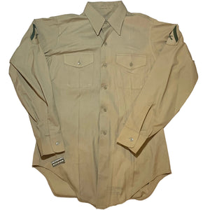U.S. Marine Corps Khaki Poly/Wool Men's Long Sleeve Dress Shirt with a Grandpops Army Navy logo.