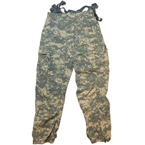 U.S. Army ACU Digital Camouflage Mid Weight Soft Shell ECWCS GEN III Cold Weather Pants W/ Suspenders with a Grandpops Army Navy logo.