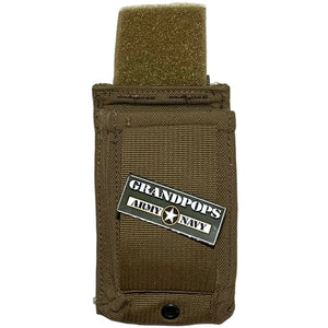 U.S. Marine Corps Coyote Brown Nylon MOLLE Single M16/M4 Mag Speed Reload Pouch with a Grandpops Army Navy logo.