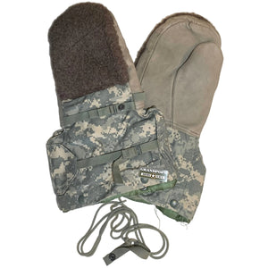 U.S. Army ACU Digital Camo Cold Weather Trigger Leather Mittens with a Grandpops Army Navy logo.