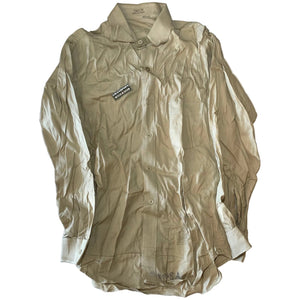U.S. Army Cold War Era Tan Shade No. 46 Cotton Poplin Man's Long Sleeve Dress Shirt with a Grandpops Army Navy logo.