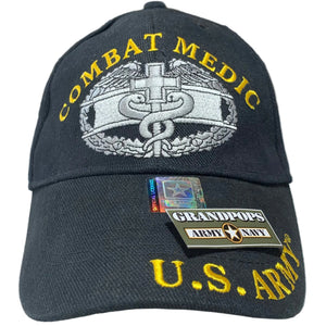 U.S. Army Combat Medic Black Low Profile Baseball Cap with a Grandpops Army Navy logo.