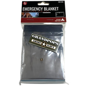 Polarshield Sleeping Bag Style Survival Blanket with a Grandpops Army Navy logo.