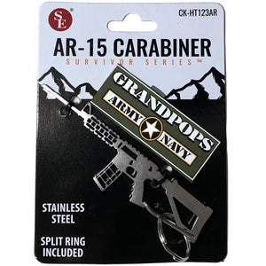 Stainless Steel AR-15 Keychain Carabiner with a Grandpops Army Navy logo.