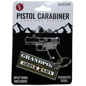 Stainless Steel Glock Keychain Carabiner with a Grandpops Army Navy logo.