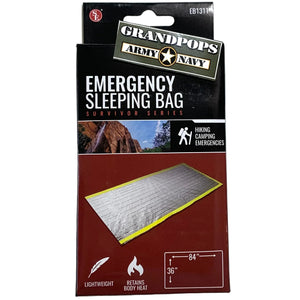 24um Thick Aluminized OPP Filmed Emergency Sleeping Bag 84" x 36" with a Grandpops Army Navy logo.