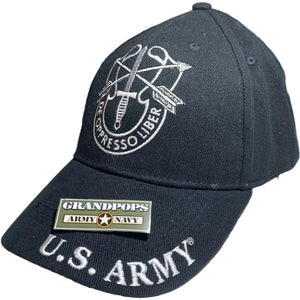 U.S. Army Special Forces "DE OPPRESSO LIBER" Black Low Profile Baseball Cap with a Grandpops Army Navy logo.