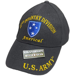 U.S. Army 23rd Infantry Division "Americal" Black Low Profile Baseball Cap with a Grandpops Army Navy logo.