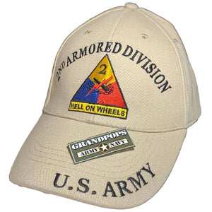 U.S. Army 2nd Armored Division Khaki Low Profile Baseball Cap with a Grandpops Army Navy logo.