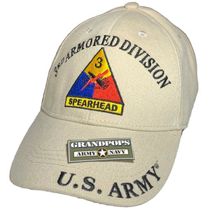 U.S. Army 3rd Armored Division "Spearhead" Khaki Low Profile Baseball Cap with a Grandpops Army Navy logo.