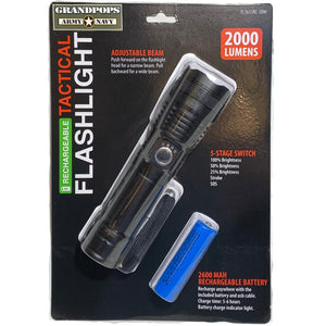 Black Aluminium 6.5-Inch 2000 Lumens Adjustable Focus Rechargable Tactical Flashlight with a Grandpops Army Navy logo.