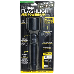 7.5-Inch 2000 Lumens Heavy Duty Adjustable Focus Rechargable Tactical Flashlight & Power Bank with a Grandpops Army Navy logo.