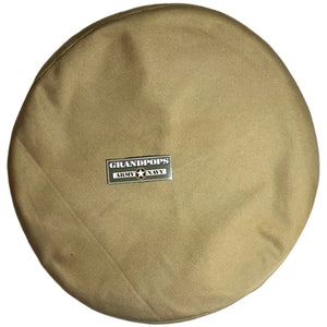 Post-WW2 U.S. Marine Corps Khaki I Twill Service Cap Cover with a Grandpops Army Navy logo.
