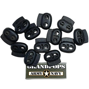 Black Plastic Twin-Hole Toggle Cord Locks with a Grandpops Army Navy logo.