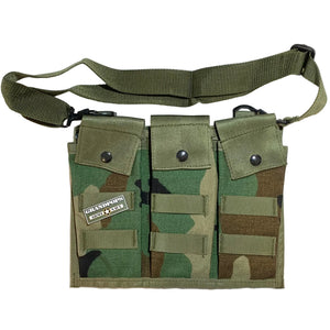 M81 Woodland Camo MOLLE 3-Cell 6-Mag M16 5.56 Bandolier with a Grandpops Army Navy logo.