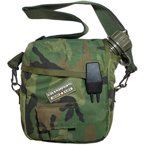 M81 Woodland Camo ALICE 2QT Canteen Cover Pouch W/ Canteen with a Grandpops Army Navy logo.