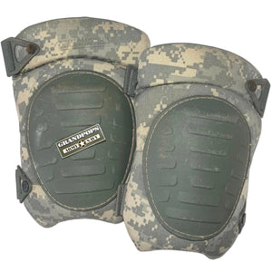 U.S. Military ACU / UCP Digital Camo Improved Protective Knee Pads with a Grandpops Army Navy logo.