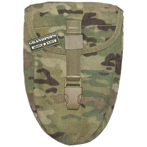 U.S. Military MultiCam MOLLE II Tri-Fold Entrenching Tool / Shovel Cover Pouch with a Grandpops Army Navy logo.