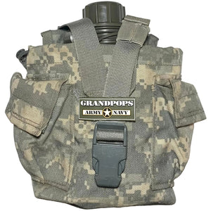 U.S. Military ACU UCP Digital Camo 1 QT MOLLE Canteen / General Purpose Cover Pouch with a OD Green 1QT Canteen and a Grandpops Army Navy logo.