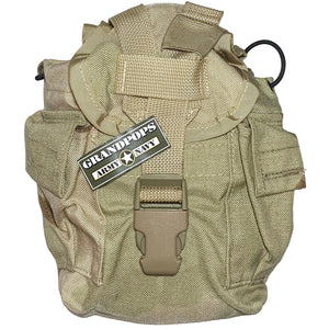 U.S. Military DCU 3-Color Desert Camo 1 QT MOLLE Canteen / General Purpose Cover Pouch with Tan Hardware and a Grandpops Army Navy logo.