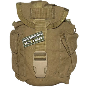 USMC Coyote Brown Camo 1 QT MOLLE Canteen / General Purpose Cover Pouch with a Grandpops Army Navy logo.