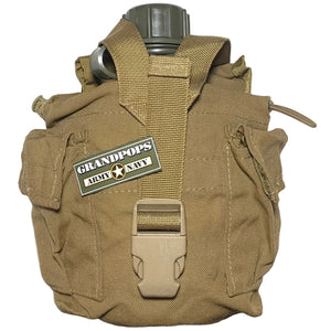 USMC Coyote Brown Camo 1 QT MOLLE Canteen / General Purpose Cover Pouch with a OD Green 1QT Canteen and a Grandpops Army Navy logo.