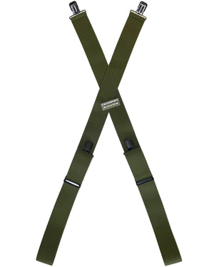 OD Green Adjustable X-Back Suspenders with a Grandpops Army Navy logo.