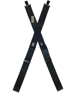 Black Adjustable X-Back Suspenders with a Grandpops Army Navy logo.
