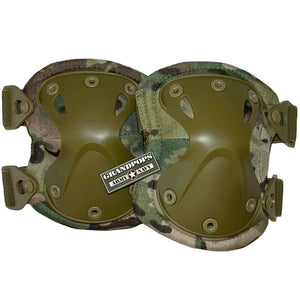 MultiCam Nylon/Polyester Low-Profile Tactical Knee Pads with a Grandpops Army Navy logo.