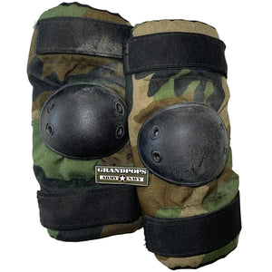 U.S. Military M81 Woodland Camouflage Protective Elbow Pads with a Grandpops Army Navy logo.