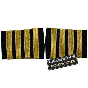 Delta Air Lines Metallic Gold Captain Epaulettes with a Grandpops Army Navy logo.